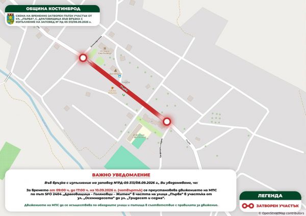 На 10 септември: Временно спират движението по участък от пътя Драговищица – Голяновци – Житен